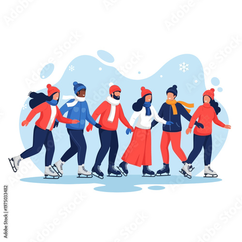 Joyful Winter Skating Group Celebrating Outdoor Frozen Fun Together