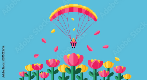 Joyful Parachutist Descending Amidst Blooming Flowers