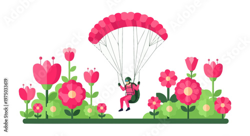 Joyful Parachutist Descends Amidst Vibrant Blooming Flowers