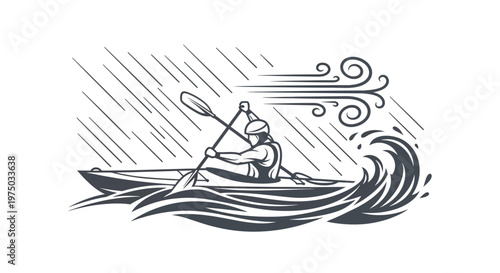 Kayaking Through A Stormy Sea And Gale Force Winds With Dramatic Waves