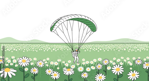 Joyful Paraglider Descends Gracefully Above Blooming Meadow Landscape