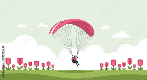Joyful Paraglider Soaring Above a Field of Vibrant Tulips