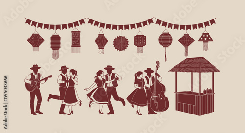 Festa Junina Brazilian Folk Festival Silhouette Set with Dancing Couples Musicians and Lanterns