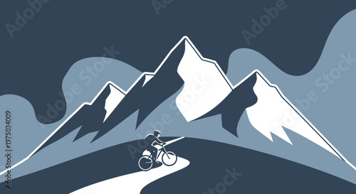 Lone Cyclist Ascends Majestic Mountain Trail In Stylized Landscape