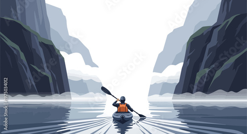 Kayaker Navigating Through Majestic Mountain Fjord Serenity
