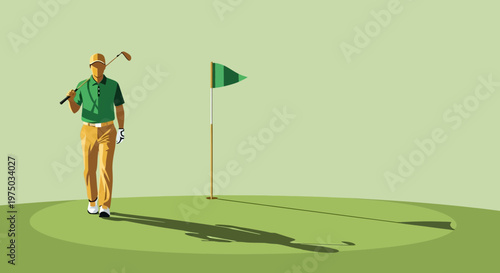 Lone Golfer Walks Towards The Green With Club Over Shoulder