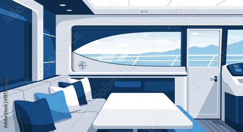 Luxurious Yacht Interior With Ocean Views And Modern Seating Area