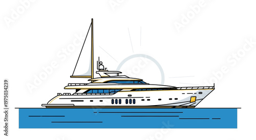 Luxurious Yacht With Sail At Sunset On Calm Waters