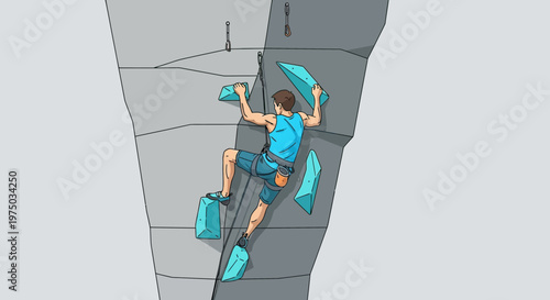 Man Ascending Indoor Climbing Wall With Blue Holds