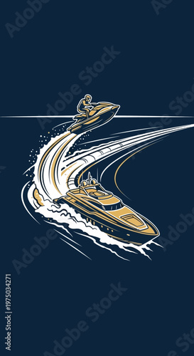 Luxury Yacht and Jet Ski Racing on Deep Blue Ocean Waters