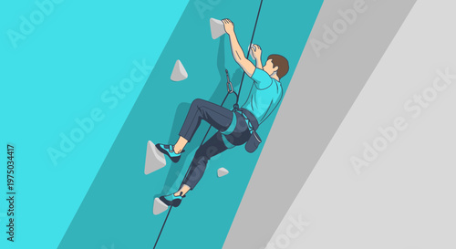 Man Ascends Artificial Climbing Wall With Gripping Determination