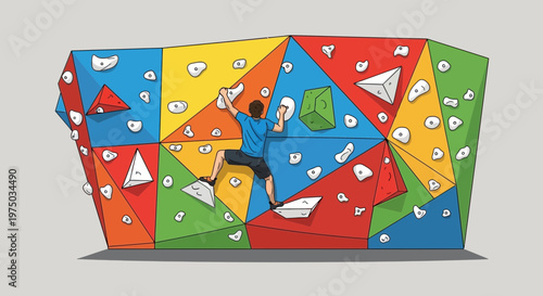 Man Ascends Colorful Bouldering Wall