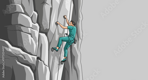 Man Ascends Rocky Cliff Face With Determination And Skill