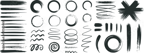 Highlighter underline marker lines realistic round stroke set hand drawn grunge brushstroke collection isolated vector paint cross strokes design elements