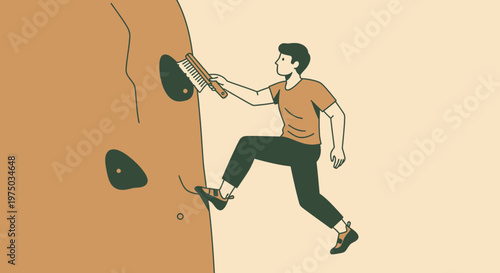 Man Cleans Rock Climbing Holds With Brush During Ascent