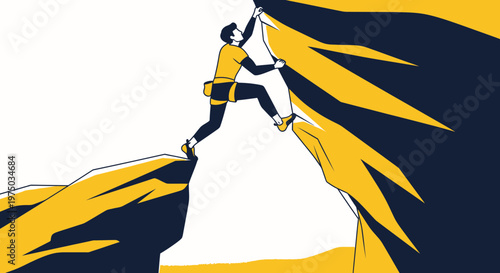 Man Climbing Jagged Cliffs Reaching For New Heights