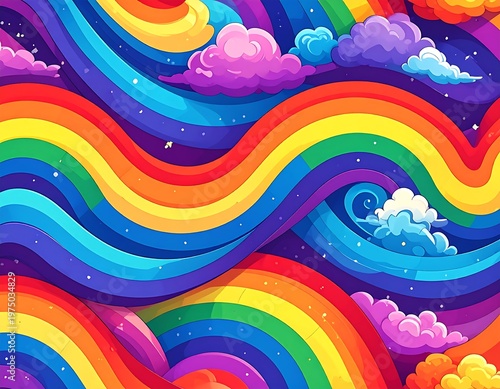 A vibrant, colorful digital illustration featuring flowing rainbows across a starry night sky with fluffy, purple and white clouds