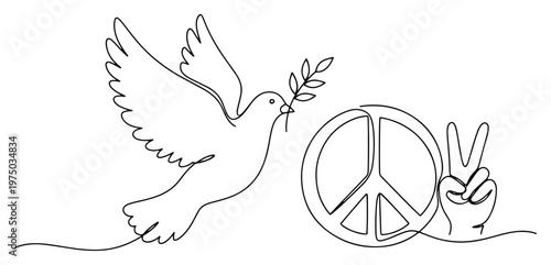Peace dove with olive branch and peace sign symbol in minimalist continuous line art style