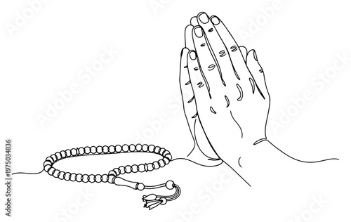 Praying hands with rosary beads for devotion and spirituality in minimalist continuous line art style