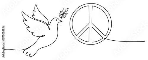 Peace dove flying with olive branch next to peace symbol in continuous line art style