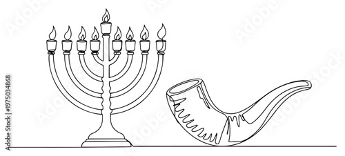 Hanukkah menorah and shofar horn ritual objects in minimalist continuous line art style