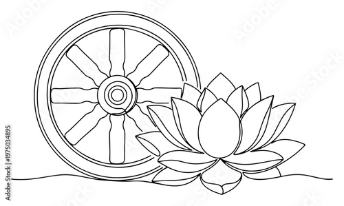 Dharma wheel and blooming lotus flower spiritual symbols in continuous line art style