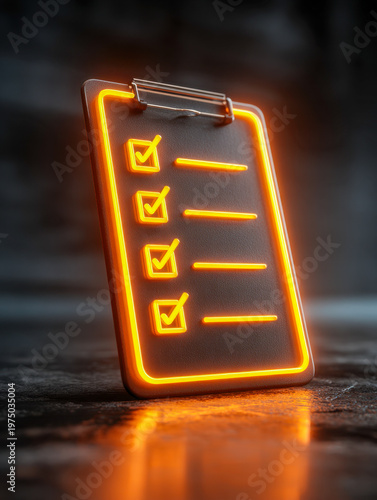 Glowing neon checklist on a clipboard with illuminated checkmarks symbolizing completed tasks on a reflective surface in a dark atmospheric setting