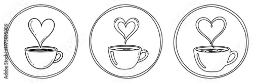 Coffee cup icons with heart shaped steam in circular frames simple line art style
