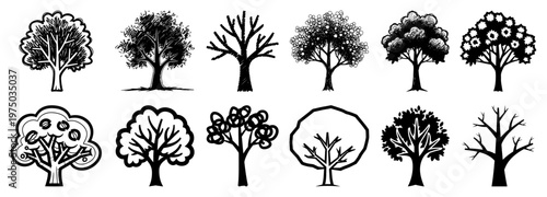 Tree collection featuring various species and shapes in black silhouette and line art style