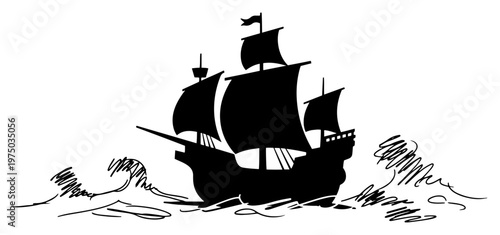 Sailing ship vessel on ocean waves in nautical silhouette sketch style