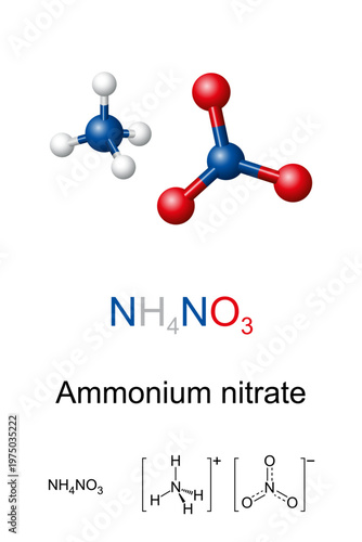 Ammonium nitrate, chemical formula and molecular structure. Chemical compound with the formula NH4NO3, a salt of ions of ammonium and nitrate, used in agriculture as high-nitrogen fertilizer. Vector