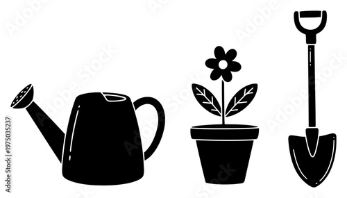 Gardening icons featuring watering can flower pot and shovel in simple line art style