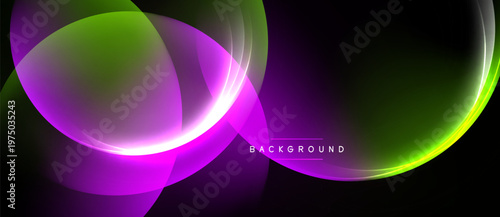 Abstract design features vibrant curves, gradients. Purple, green hues dominate dark background. Modern, dynamic visual composition.