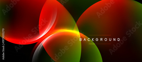 Abstract design features vibrant curves, flowing shapes. Red, green hues dominate dark background. Text reads background.
