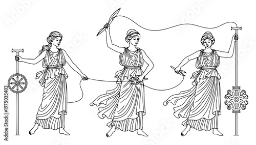 Moirai the three fates of Greek mythology spinning the thread of life in classical line art style