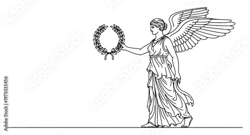 Fotografi Winged goddess Nike holding laurel wreath in classic line art style