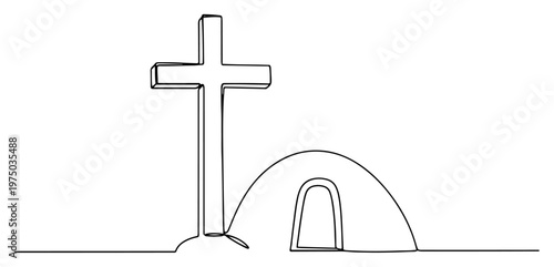 Christian cross and empty tomb silhouette in minimalist continuous line art style