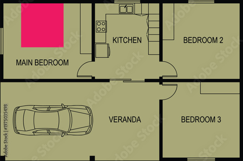 Single story residential house floor plan, main bedroom, two bedrooms, kitchen, veranda, garage, living space, architectural blueprint, home design illustration
