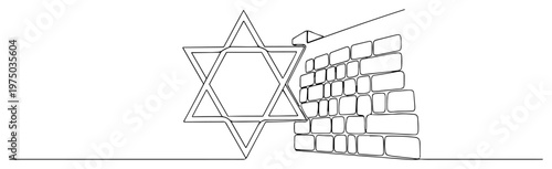 Star of David and Western Wall drawn in continuous line art style