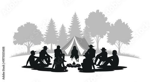 Group of people sitting around campfire.