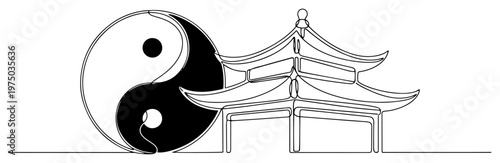 Yin yang symbol and pagoda temple drawn in continuous line art style