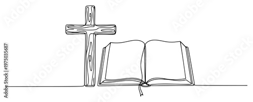 Holy Bible and wooden Christian cross in minimalist continuous line art style