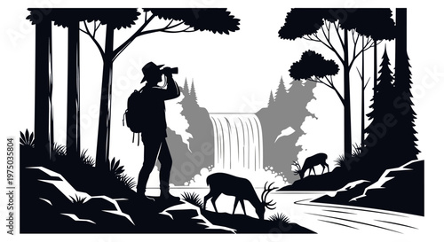 Silhouette of a male hiker with a backpack using binoculars to scout.