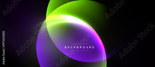 Abstract design features vibrant overlapping curves. Colors transition from purple, green, white against black backdrop. Modern, dynamic composition.