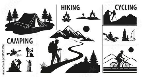 Black silhouette outdoor recreation icons set.