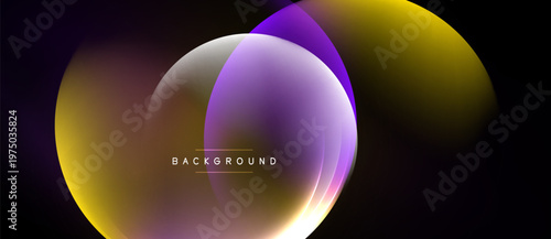 Abstract design features overlapping colorful circles. Gradient shades blend purple, yellow, white. Minimalist style, dark background creates contrast.