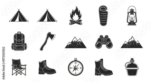 Camping icons and travel symbols.