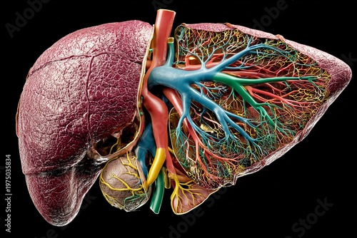 Detailed view of human liver anatomy showing blood vessels and structure in a scientific setting