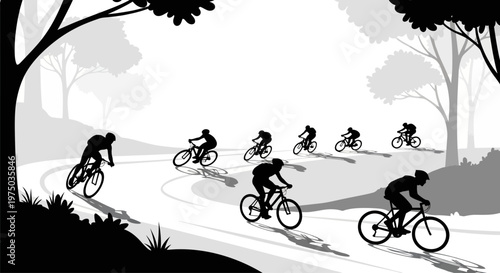 Group of cyclists riding bicycles fast.