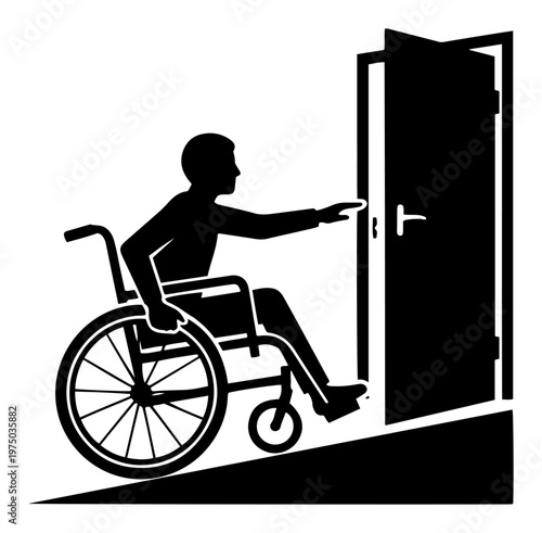 Person in a wheelchair reaching for a door representing accessibility and inclusion in silhouette style